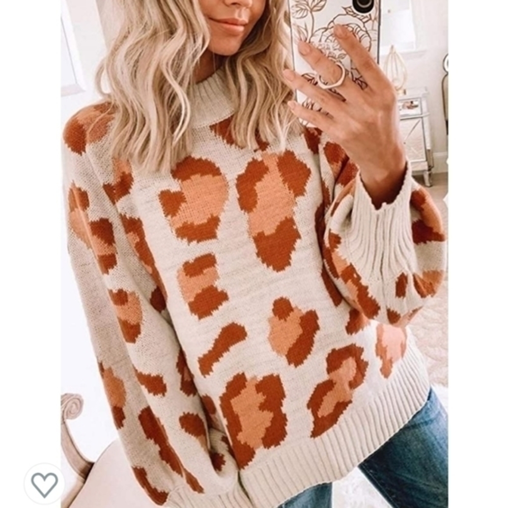 Oversize Orange  Leopard Knit Crew Pullover‎ Sweater XL